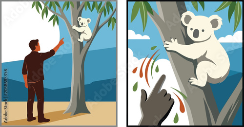 Photography Koala and Koala Bear Character Illustration with Forest Tree and Rain Drops in F