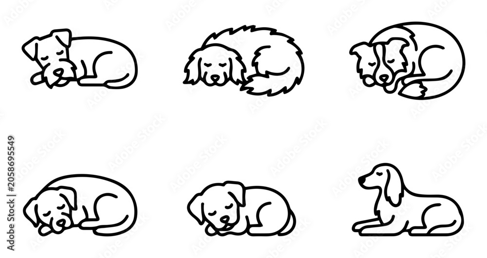Obraz premium Sleeping Dog Icons, Cute Puppy Line Art Collection, Relaxed Canine Vector Set, Peaceful Animal Graphics for Pet Lovers