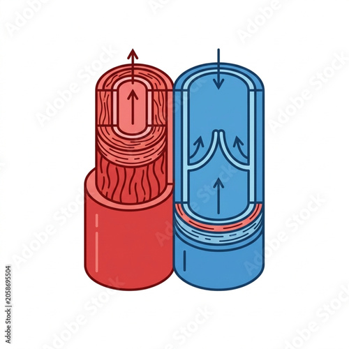 Photos Diagram of artery and vein with valves showing blood flow.