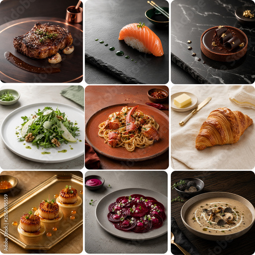 Various gourmet dishes served on elegant plates in modern presentation  