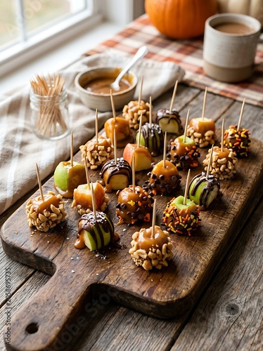 Homemade Caramel Apple Bites Arranged on Rustic Wooden Board by Window