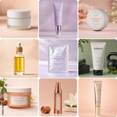 Assorted skincare products arranged on pastel background  