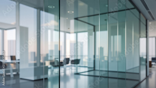 Foto Modern glass office partitions in open plan corporate workspace with city skylin