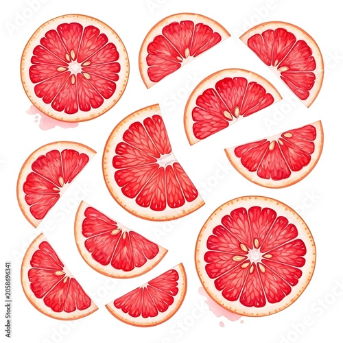 Vibrant Watercolor Grapefruit Slices Arranged on White Background