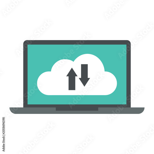 Laptop cloud data transfer arrows. Digital upload download. computing service.