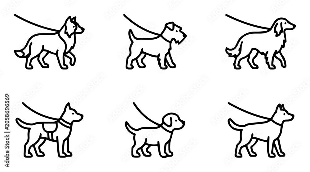 Fototapeta premium Dog Walking Icons Set, Canine Companions on Leash, Pet Care Vector Graphics, Animal Silhouettes Collection
