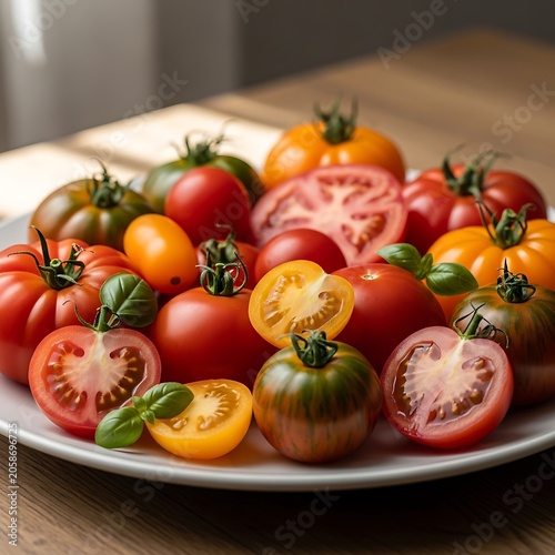 Colorful Fresh Tomatoes Arranged with Basil on Wooden Table