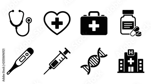 Collection of medical and healthcare icons representing health, science, and emergency services