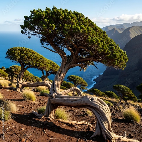 Wind Shaped Evergreen Tree Growing on Rugged Coastal Mountain Slope