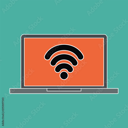 Laptop screen wireless signal waves. Portable computer, internet connection.