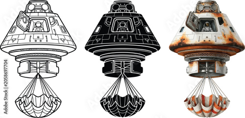 Cuadro en lienzo Space capsule descending with parachute set of three vector illustrations includ