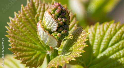 Close Up Green Berry Bud Emerging Among Fresh Leaves in Sunlit Garden