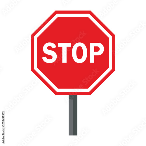 Red octagonal stop sign with white letters. Traffic control symbol. Road safety.