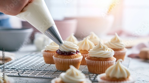 Hand piping white buttercream frosting onto homemade vanilla cupcakes topped with red jam celebrating sweet treats