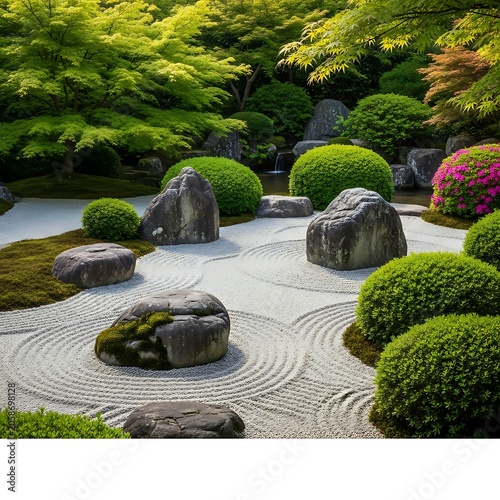 Serene Japanese Zen Garden with Raked Gravel Rocks and Lush Green Shrubs