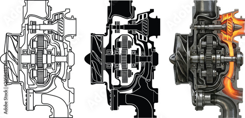 Foto Cross-section of a turbocharger showing internal components and airflow ideal fo