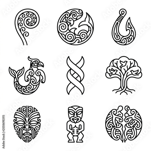 Εκτύπωση καμβά Collection of Maori cultural symbols and designs in black and white outline style