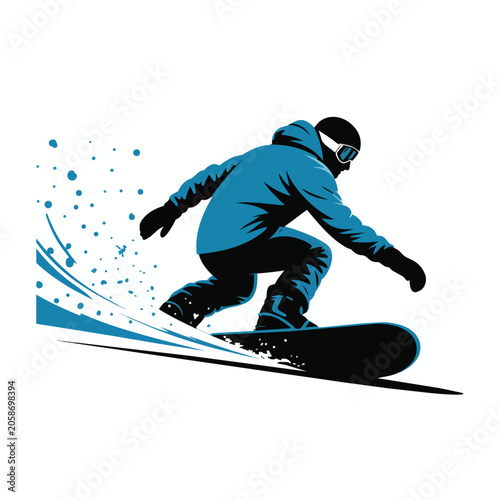 Winter extreme sport concept with snowboarder carving on snowy slope flat vector illustration design.