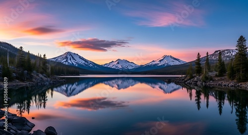 Snowcapped Mountain Range Reflected in Calm Alpine Lake at Colorful Sunset