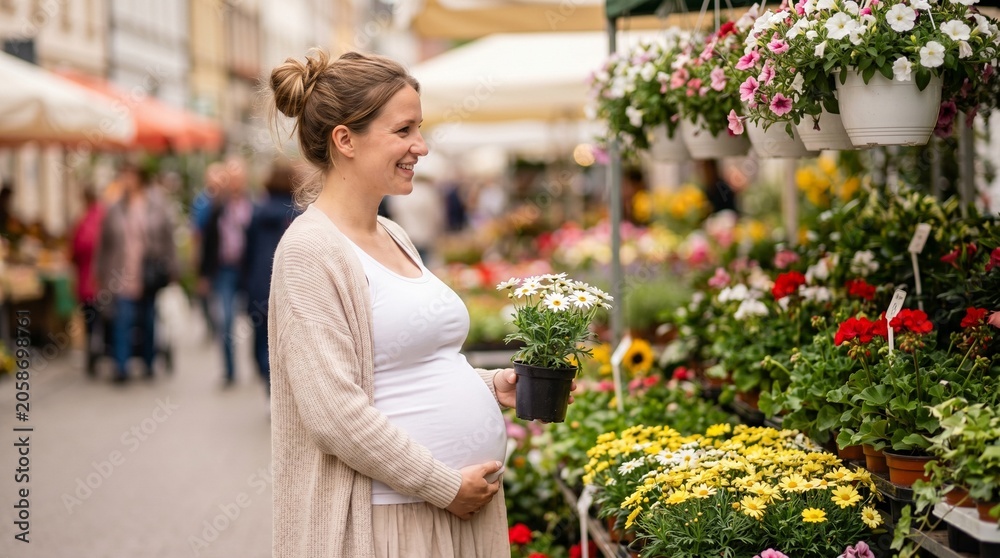 Fototapeta premium Pregnant woman shopping for flowers at outdoor market, happy expectant mother choosing plants, maternity lifestyle in sunny street fair