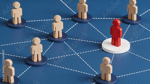 Wooden figures connected by dotted lines on blue background, social networking concept, team collaboration, community building, leadership selection, organizational structure,