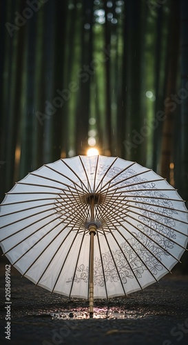 White Traditional Paper Umbrella Standing in Dark Bamboo Forest