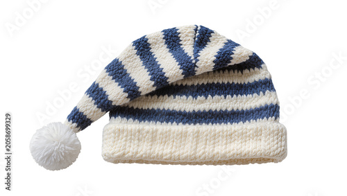 Cuadro en lienzo Blue and white striped knitted sleeping cap with pompom, isolated on transparent