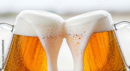 Frothy Beer Glasses Clinking Together Outdoors