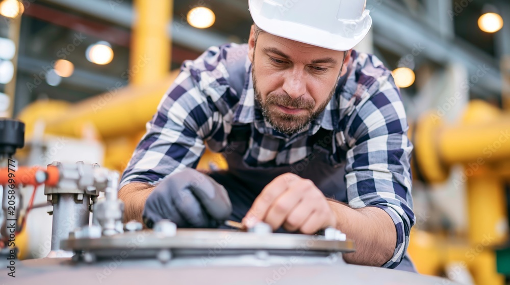 Fototapeta premium Technician working on industrial equipment access point, inspecting system in manufacturing facility