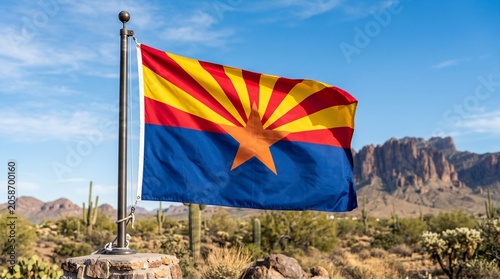 Arizona flag rises in desert sunset, copper star glowing, red and yellow rays above blue field, cacti and mountains framing heritage, resilience, and state identity.
