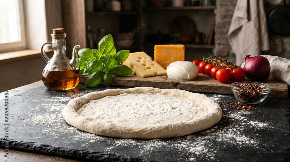 Fototapeta premium A round pizza dough on a floured surface with ingredients