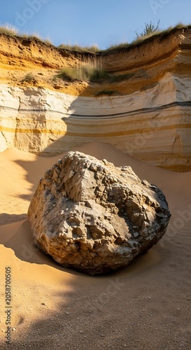 Large Weathered Boulder Resting in Layered Sandy Cliff Formation