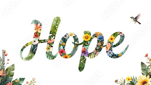 Watercolor Floral Typography with the Word Hope and a Flying Bird