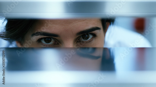 Close up eyes factory worker assembly line tired gaze industrial workplace blue light clean metal window reflection