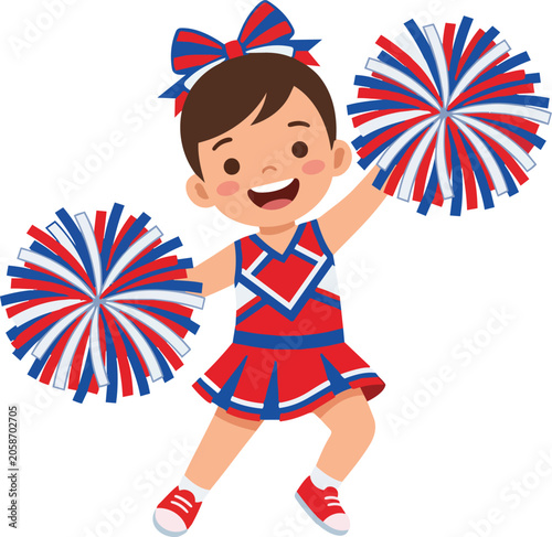 child in a patriotic cheerleader costume with red, white, and blue pom-poms