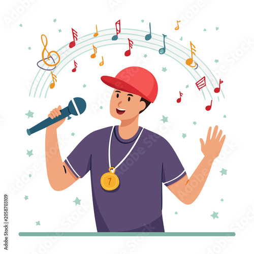 Man singing with microphone and music notes, wearing a medal