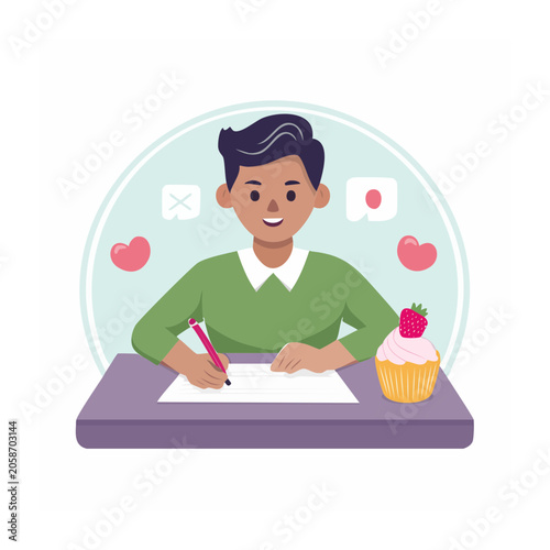 Person writing at a desk with a cupcake and hearts