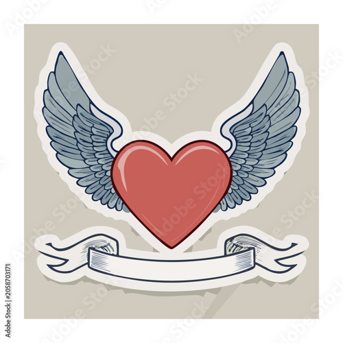 Red heart with wings and banner illustration