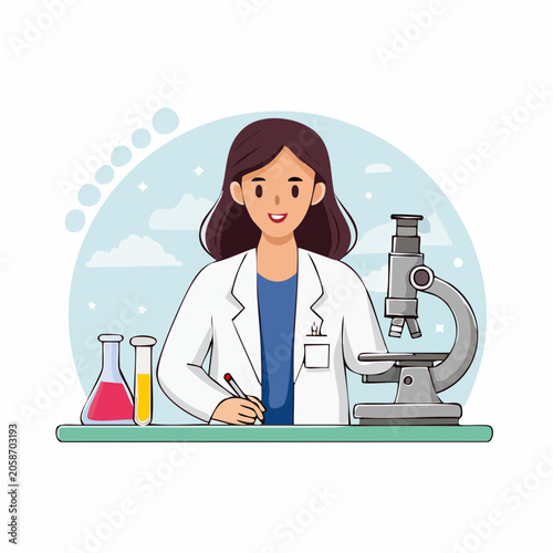 Scientist working in a laboratory with microscope and test tubes