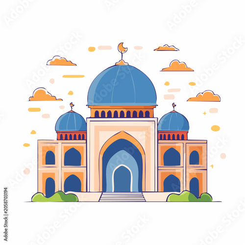 Stylized Mosque Illustration with Blue Domes and Crescent Moon