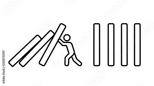 Stopping domino effect concept, stick figure crisis management and chain reaction risk control vector illustration