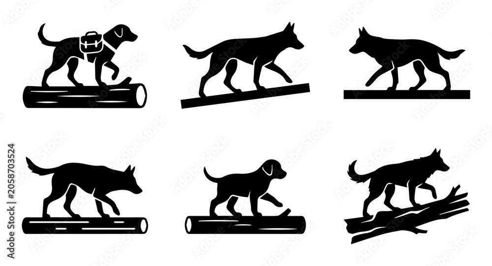 Obraz premium Dog Agility Training Silhouettes, Canine Obstacle Course Poses, Pet Sport Vector Icons, Black and White Animal Graphics for Fitness and Competition