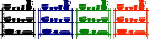 Canvas Print Kitchen dishware displayed on shelves sets of plates cups and jugs in black blue