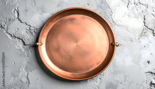 Vintage round copper tray platter with handles on rough gray concrete background