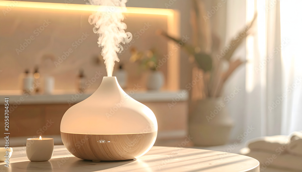 Obraz premium White ceramic aroma essential oil diffuser emitting fine mist in cozy room