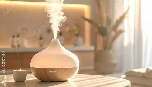 White ceramic aroma essential oil diffuser emitting fine mist in cozy room