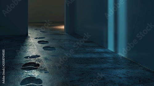 Footprints in a wet room with architectural structures and water detailing the flooring.