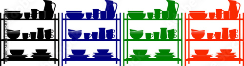 Canvas Print Kitchen shelf with dishes and jugs in black blue green and red colors for domest