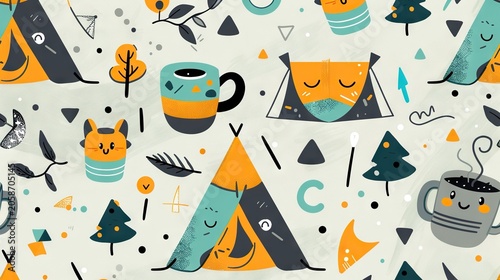 Camping illustration with tents, trees, cups, and other various cartoon camping elements.