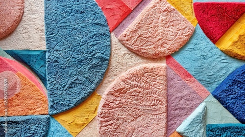 Abstract art piece with colorful geometric shapes and textured surfaces displayed.
